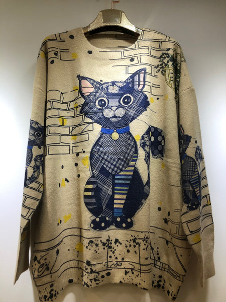 Cartoon Cat with Blue Collar Sweater