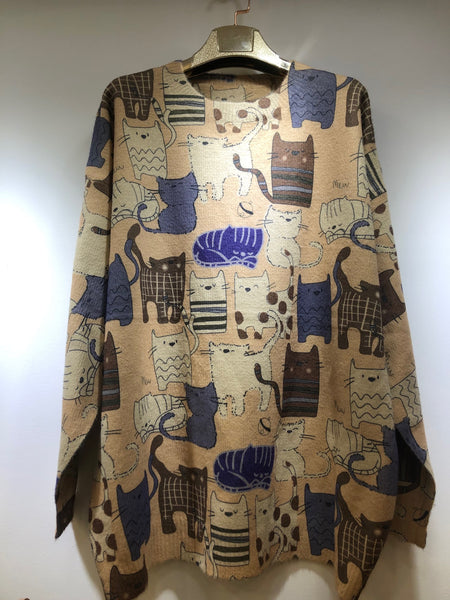 Brown and Blue Cats Pattern Sweater